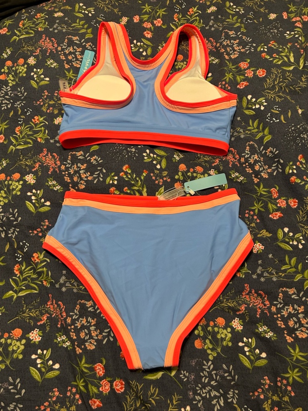 Blue High-Waist Two-Piece Swim Set with Coral Trim - Picture 5 of 8